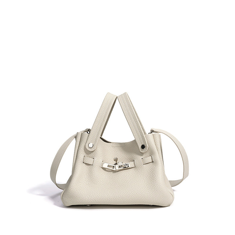 Genuine Top Layer Cowhide Kelly-Style Basket Bag for Women, Niche Design Commute Shoulder Crossbody Top Handle Purse, Versatile Bucket Handbag for Ladies