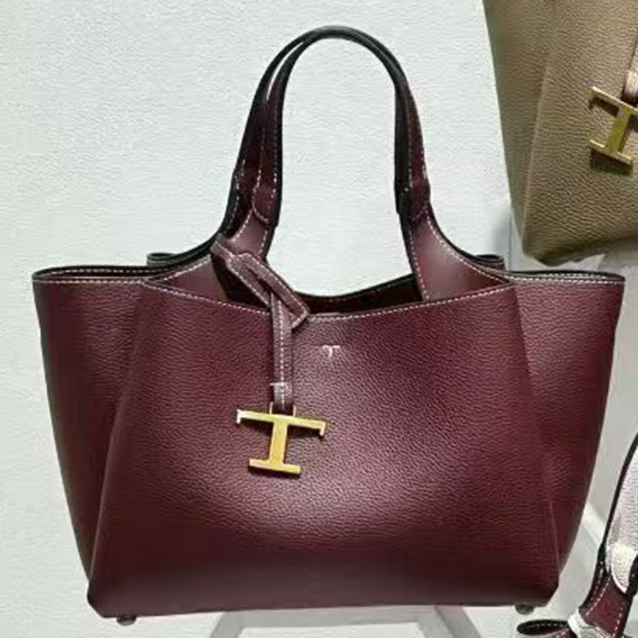 Pebble Grain Tote Bag for Women with T-Shaped Charm Detail, Large Capacity Commuter Shoulder Crossbody Handbag with Versatile Everyday Design