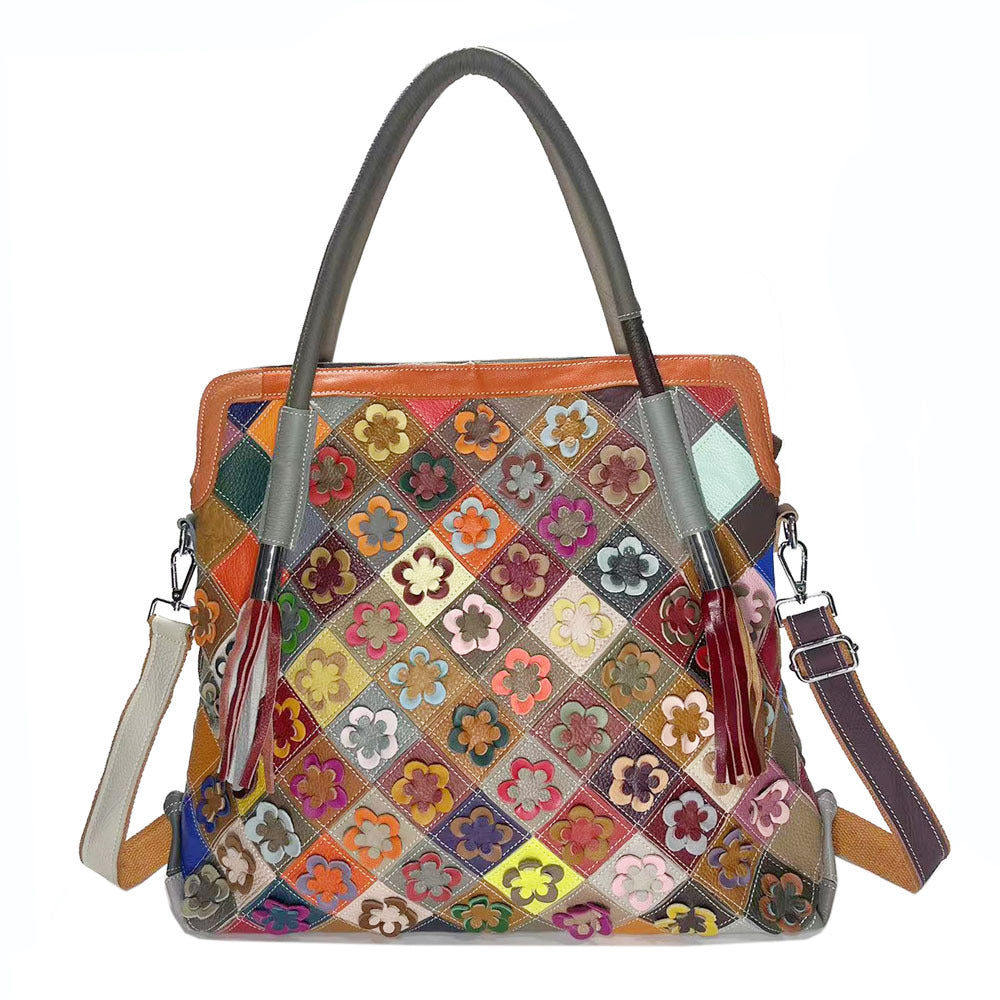 Women's Tote Shoulder Bag 100% Genuine Leather Colorful Floral Patchwork Handbag