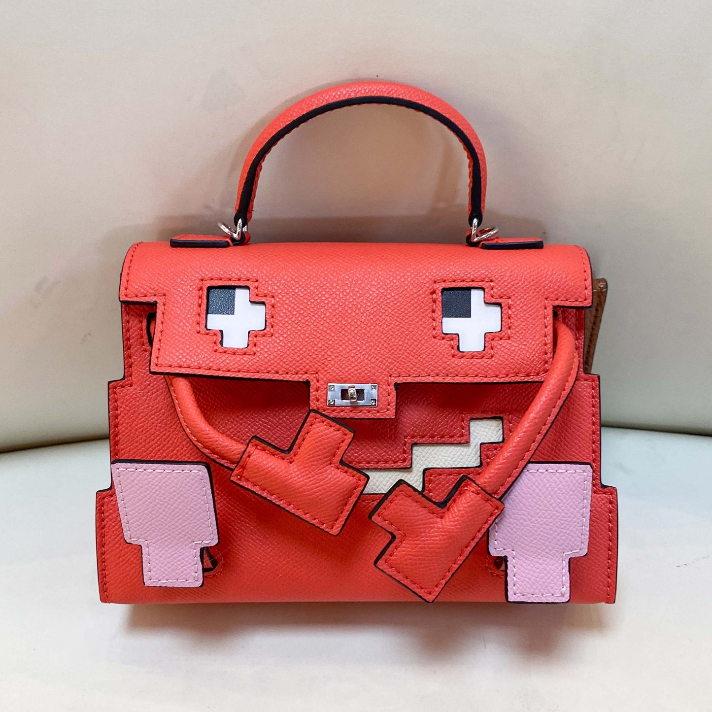 Genuine Leather Mosaic Doll Kelly-Style Bag for Women, Summer Bestseller Niche Designer Top Handle Shoulder Crossbody Purse, Cartoon Print Handbag for Ladies