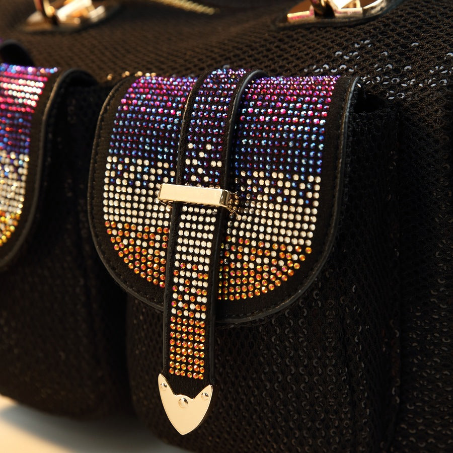 Rhinestone Sequin Soft Leather Tote Bag for Women Large Capacity Shoulder Crossbody Handbag, Sparkly Glamorous Purse with Premium Finish