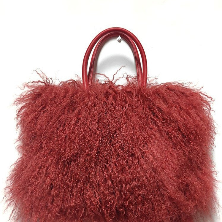 Genuine Sheepskin Wool Fluffy Large Tote Bag for Women, New Luxury Faux Fur Shoulder Handbag, Soft Warm Fur Purse for Ladies