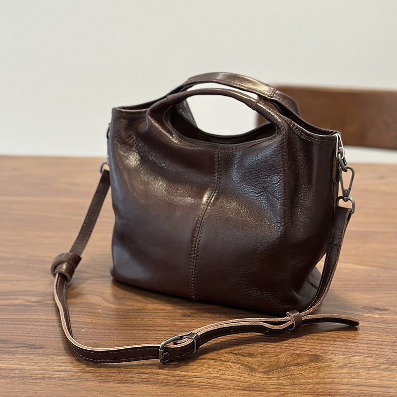 Genuine Vegetable-Tanned Cowhide Handbag for Women, New Fall Light Vintage Shoulder Crossbody Top Handle Purse, Minimalist Versatile Everyday Bag for Ladies