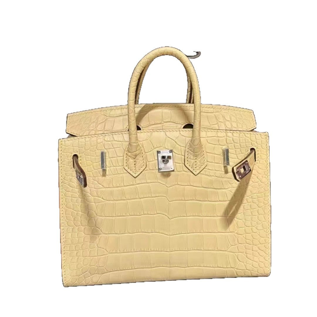 Genuine Leather Crocodile-Embossed Birkin-Style Bag for Women, Hand-Stitched Waxed Thread Vintage Fashionable Tote, Large Capacity Versatile Top Handle Purse for Ladies