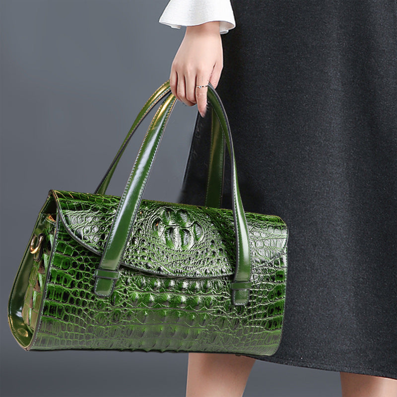 New Arrival Croc-Effect Genuine Leather Boston Pillow Bag for Women, A Fashionable Shoulder Crossbody Top-Handle Handbag Perfect for Moms