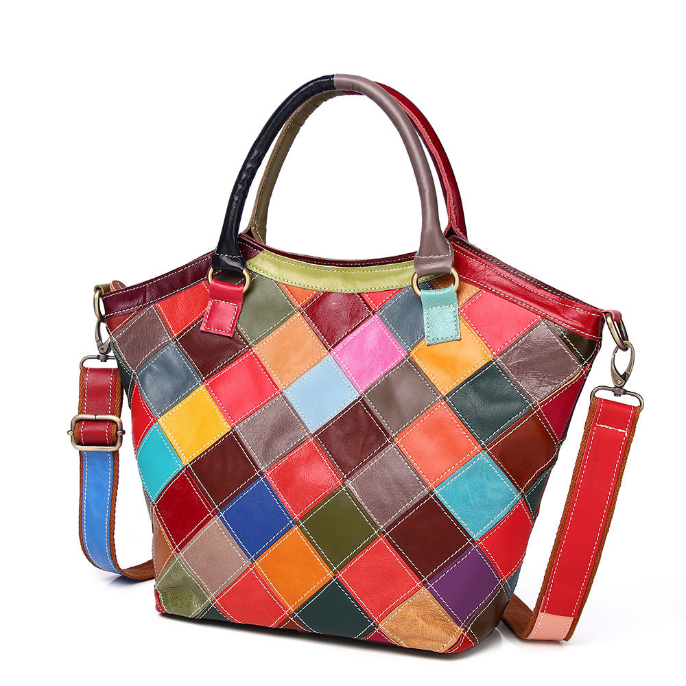 Genuine Cowhide Colorful Plaid Color Block Handbag for Women, New Top Handle Shoulder Purse, Trendy Everyday Bag for Ladies