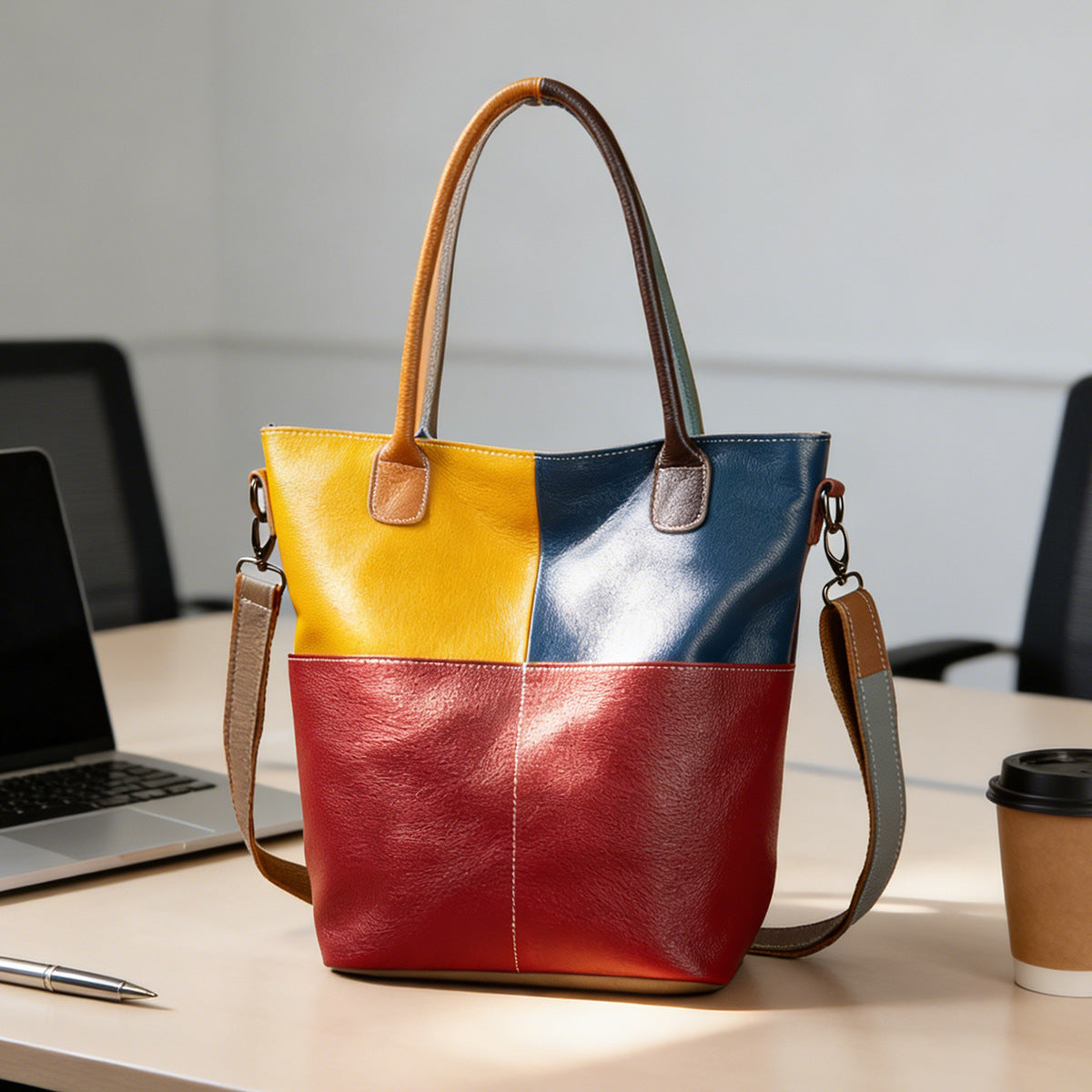 Genuine Cowhide Vintage Color Block Patchwork Tote Bag for Women, New Arrival Top Handle Shoulder Crossbody Handbag, Versatile Casual Purse for Ladies