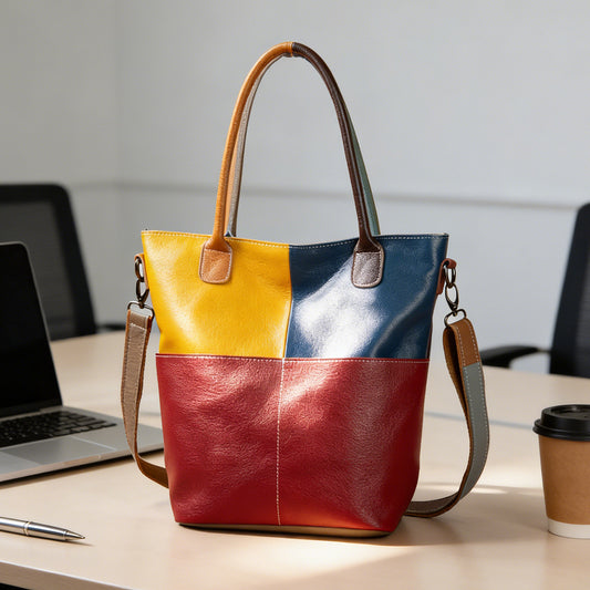 Genuine Cowhide Vintage Color Block Patchwork Tote Bag for Women, New Arrival Top Handle Shoulder Crossbody Handbag, Versatile Casual Purse for Ladies