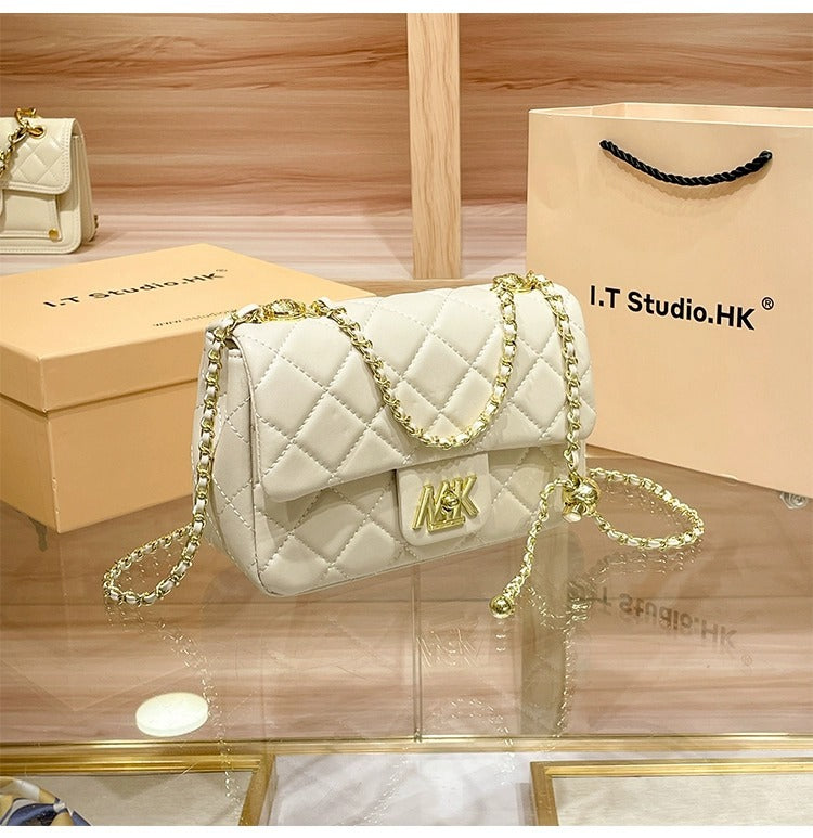 Genuine Leather Quilted Chain Crossbody Bag for Women, New Trendy Versatile Small Gold Ball Purse, Stylish Everyday Handbag for Ladies