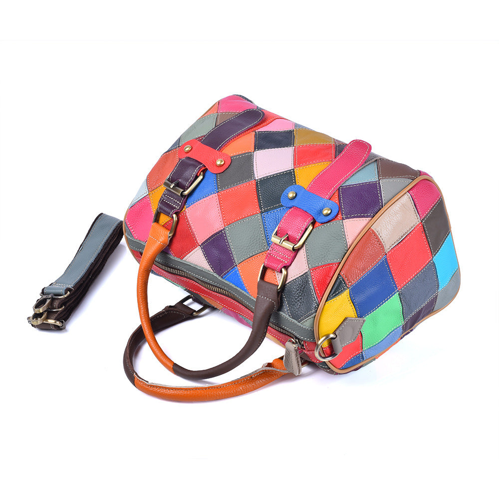 Colorful Plaid Patchwork Genuine Cowhide Bag, Trendy Versatile Top Handle Crossbody Shoulder Purse, Stylish Handbag for Women