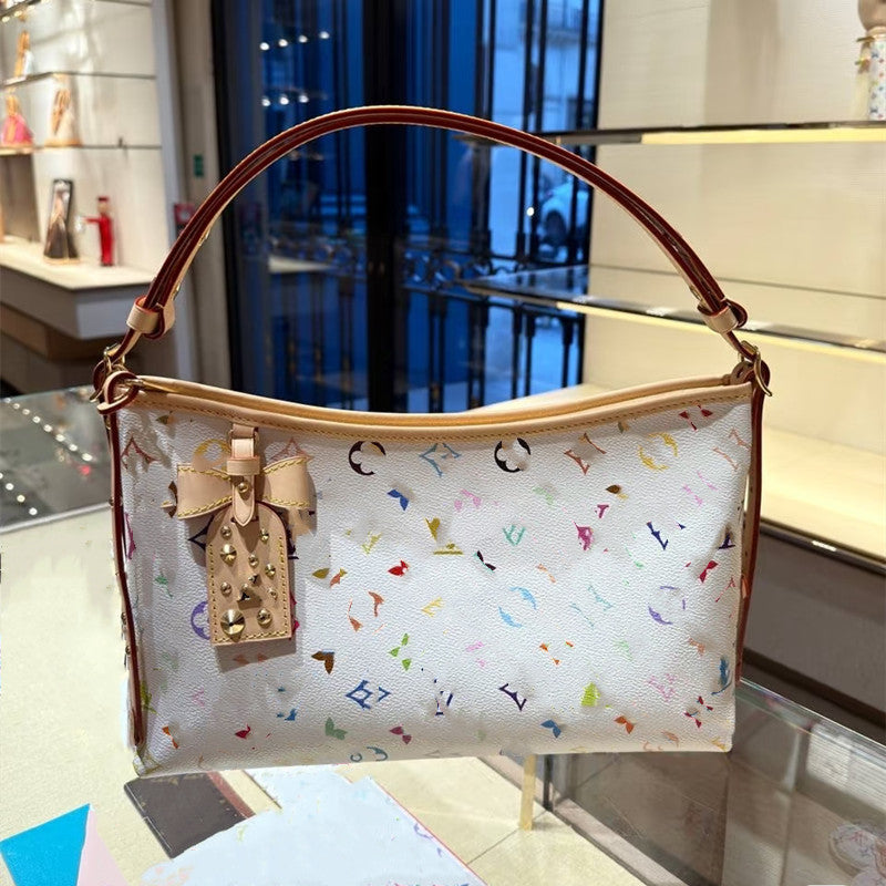 Genuine Leather Tricolor Tote Bag for Women Horizontal White Shoulder Crossbody Purse, Large Capacity Fashion Handbag with Versatile Design