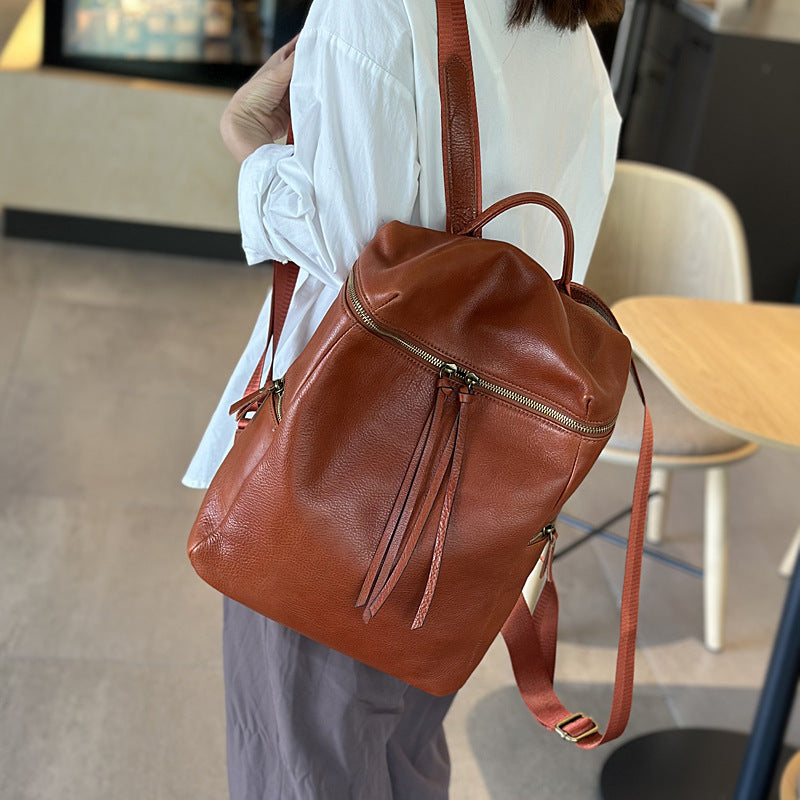Genuine Top Layer Vegetable-Tanned Cowhide Backpack for Women, Vintage Minimalist School Travel Daypack, Large Capacity Leather Bag for Ladies