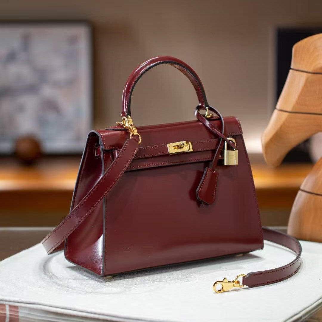 Women's Kelly-Style Box Calfskin Leather Handbag, Hermès-Inspired Glossy Finish Top-Handle Tote, Large-Capacity Shoulder & Cross-Body Purse for Work, Commute & Travel