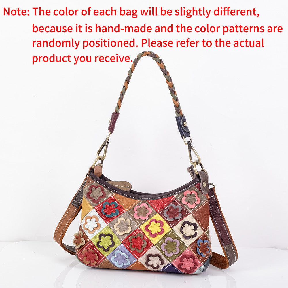 Premium Genuine Leather Color-Block Floral Bag for Women | Ethnic Style Small Top-Handle Cross-Body Shoulder Handbag with Unique Artistic Design | Versatile 2-in-1 Carry Purse for Everyday Chic, Travel & Casual Outings | Trendy Statement Accessory wi