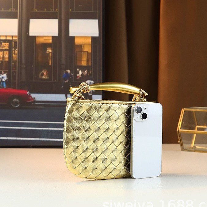 Gold Mini Woven Bag for Women with Sardine Handle, Niche Shoulder Crossbody Handbag with Unique Hardware Accent