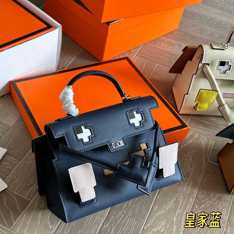 Genuine Leather Mosaic Doll Bag for Women Cross-Grain Cowhide Shoulder Crossbody Handbag, Cute Fashion Purse with Playful Design