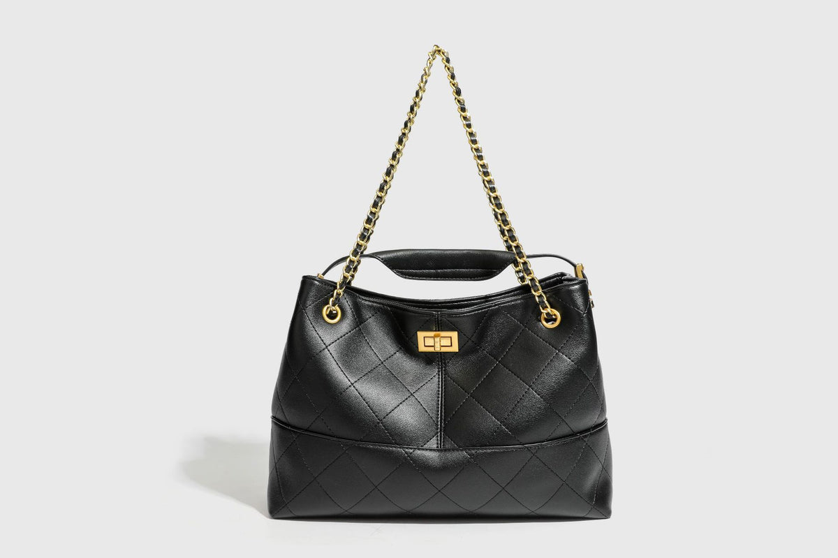 Genuine Leather Vintage Patchwork Quilted Tote Bag for Women, New Large Capacity Commute Shoulder Underarm Purse with Chain Strap, Premium Handbag for Ladies