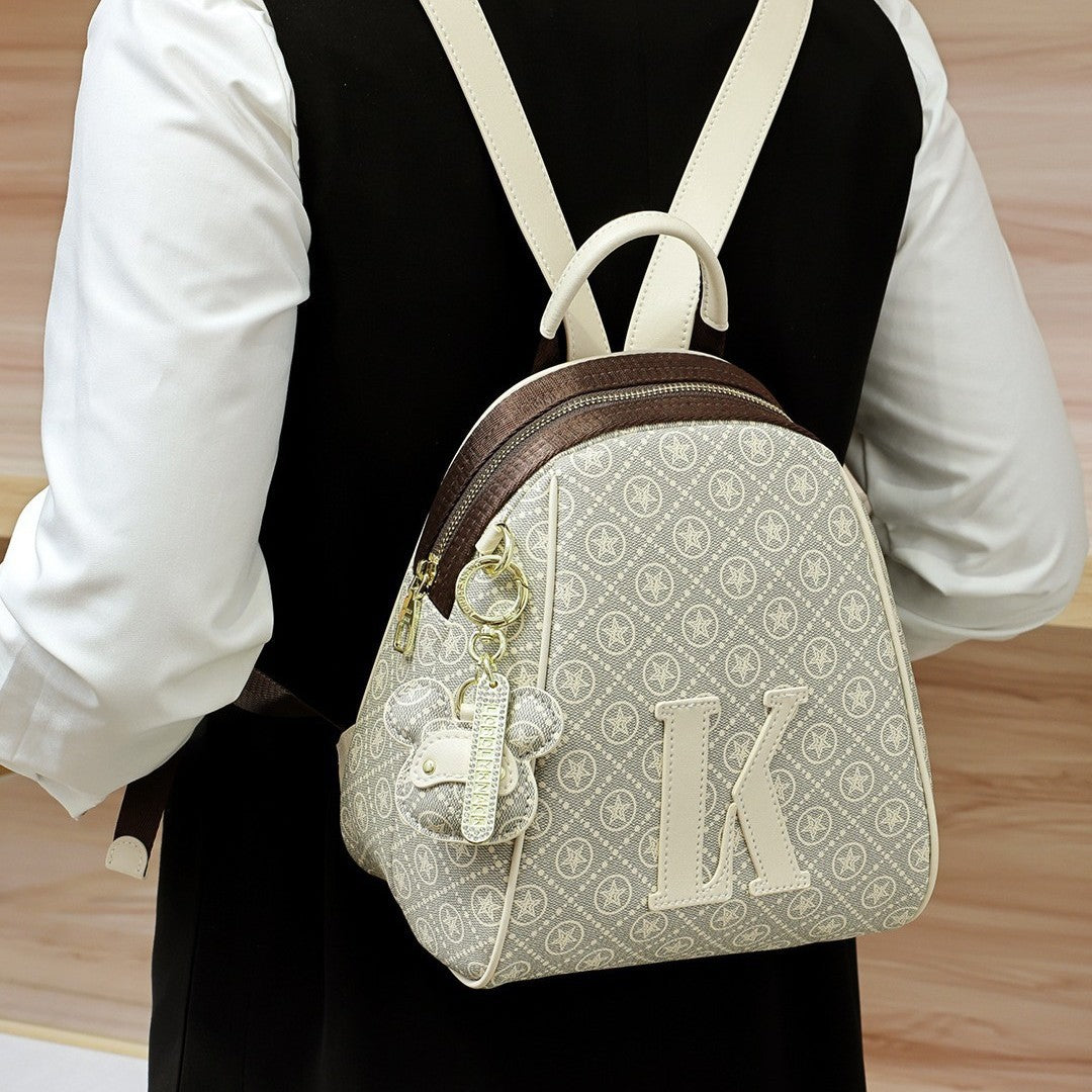 Genuine Leather Light Luxury Printed Backpack for Women, New Minimalist Large Capacity Casual Travel Daypack, Trendy School Bag for Ladies