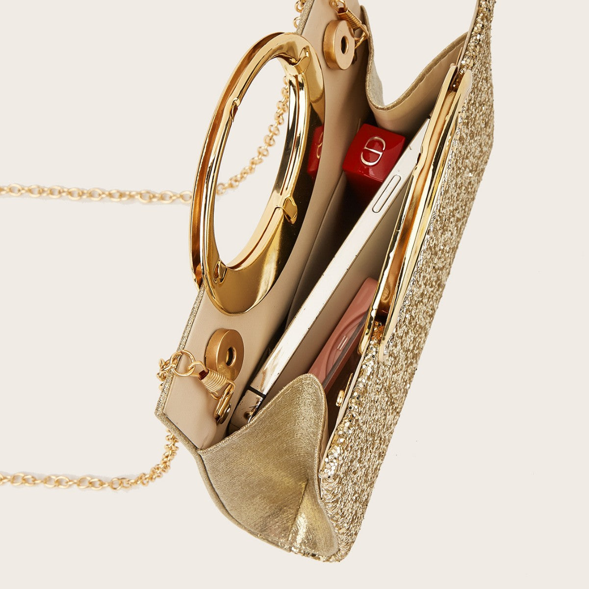 Genuine Leather Vintage Large Ring Evening Clutch for Women, Premium Textured Sparkly Top Handle Purse, European Style Fashionable Handbag for Ladies