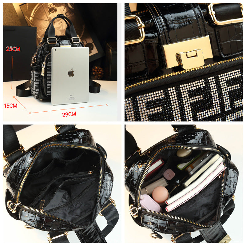 New Arrival Sparkly Rhinestone-Embellished Croc-Effect Backpack for Women, A Multi-Functional Genuine Leather Daypack with Fashionable Design, Perfect for Moms