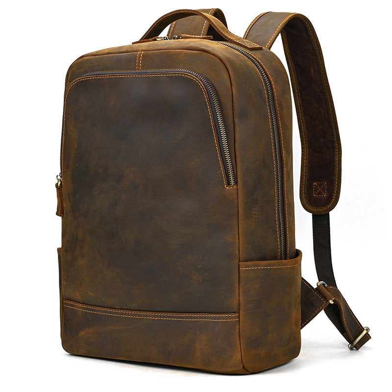 Men's Crazy Horse Leather Backpack Vintage Travel Daypack for Women Students, Genuine Leather Casual Rucksack Large Capacity