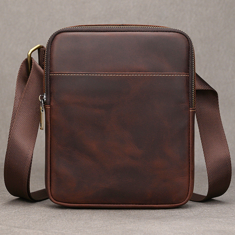 Genuine Top Layer Cowhide Small Square Bag for Men, Lightweight Casual Crossbody Shoulder Purse, Outdoor Phone Umbrella Pouch for Gentlemen