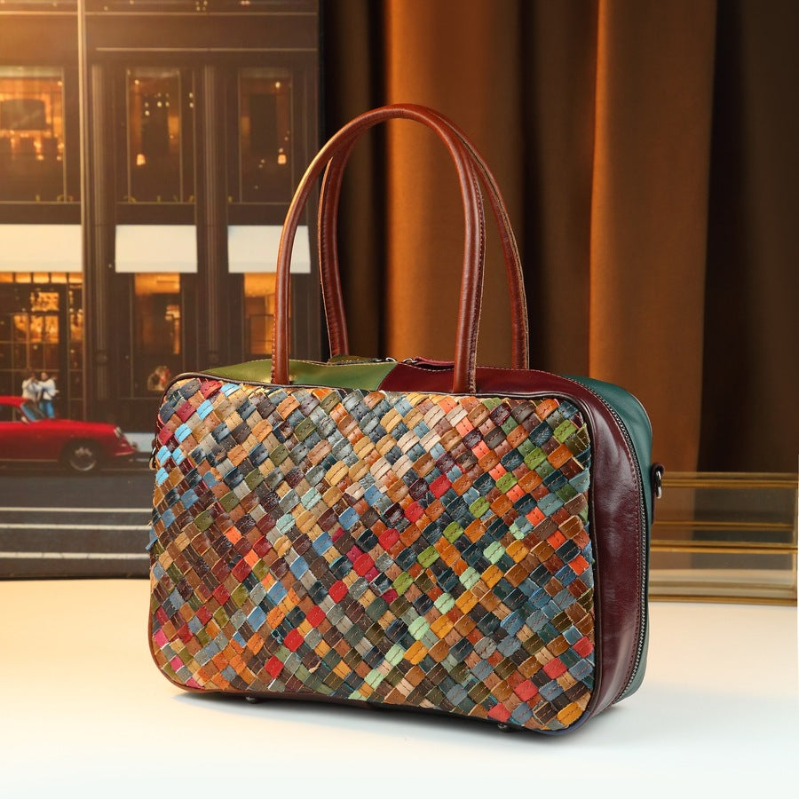 Top Layer Cowhide Patchwork Woven Tote Bag for Women Vintage Large Capacity Shoulder Handbag, Fashion Purse with Artisan Textured Design