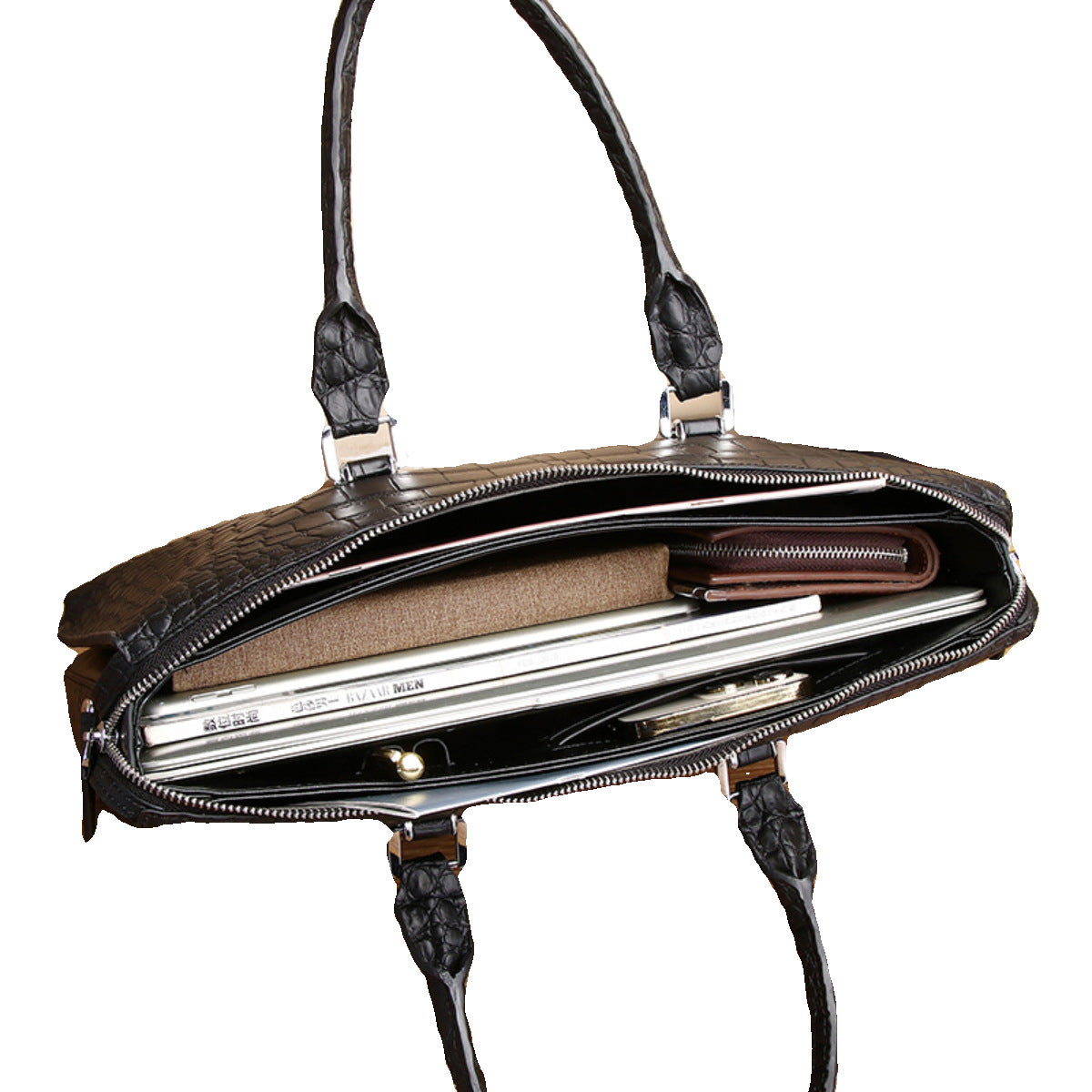 Genuine Leather Men's Laptop Crossbody Bag Large Capacity Multi-Compartment Business Handbag with Matte Crocodile Texture