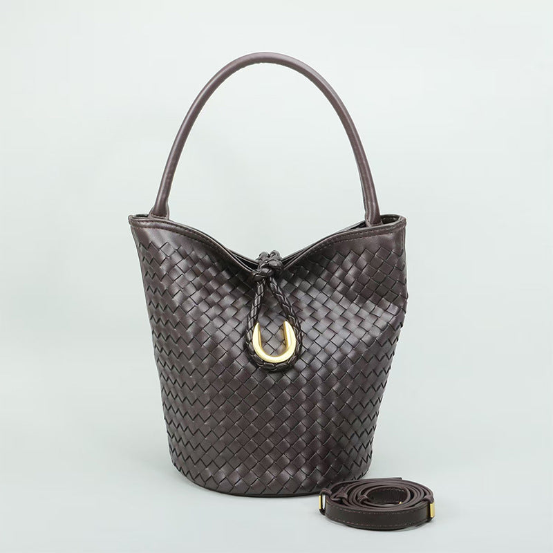 Genuine Cowhide Handwoven Bucket Bag with U-Buckle, New Vintage Shoulder Crossbody Top Handle Purse, Premium Handwoven Handbag for Ladies