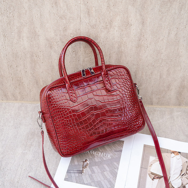 Genuine Leather Crocodile-Embossed Boston Bag for Women, New Stylish Large Capacity Commute Top Handle Crossbody Purse, Versatile Handbag for Ladies
