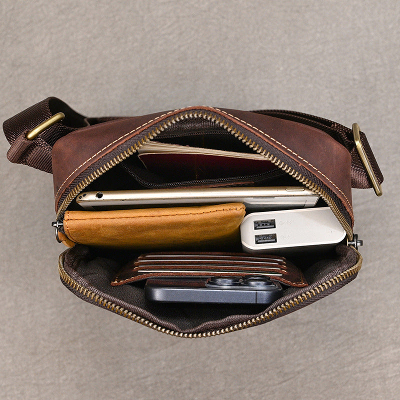 Genuine Top Layer Cowhide Small Square Bag for Men, Lightweight Casual Crossbody Shoulder Purse, Outdoor Phone Umbrella Pouch for Gentlemen