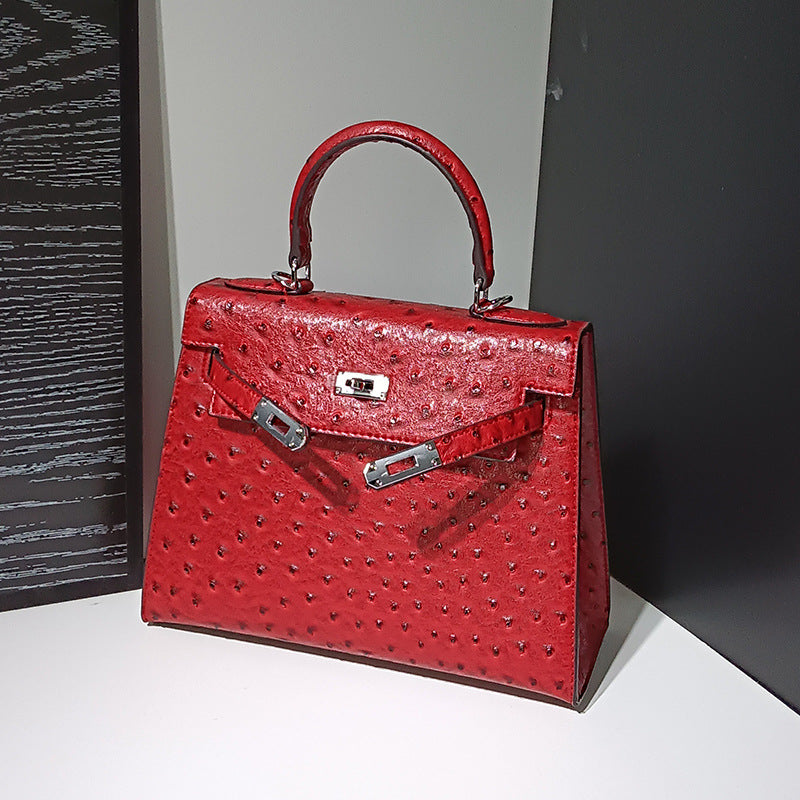 Genuine Leather Ostrich-Embossed Kelly-Style Bag for Women, New Spring Summer Premium Shoulder Crossbody Top Handle Purse, Fashionable Versatile Handbag for Ladies
