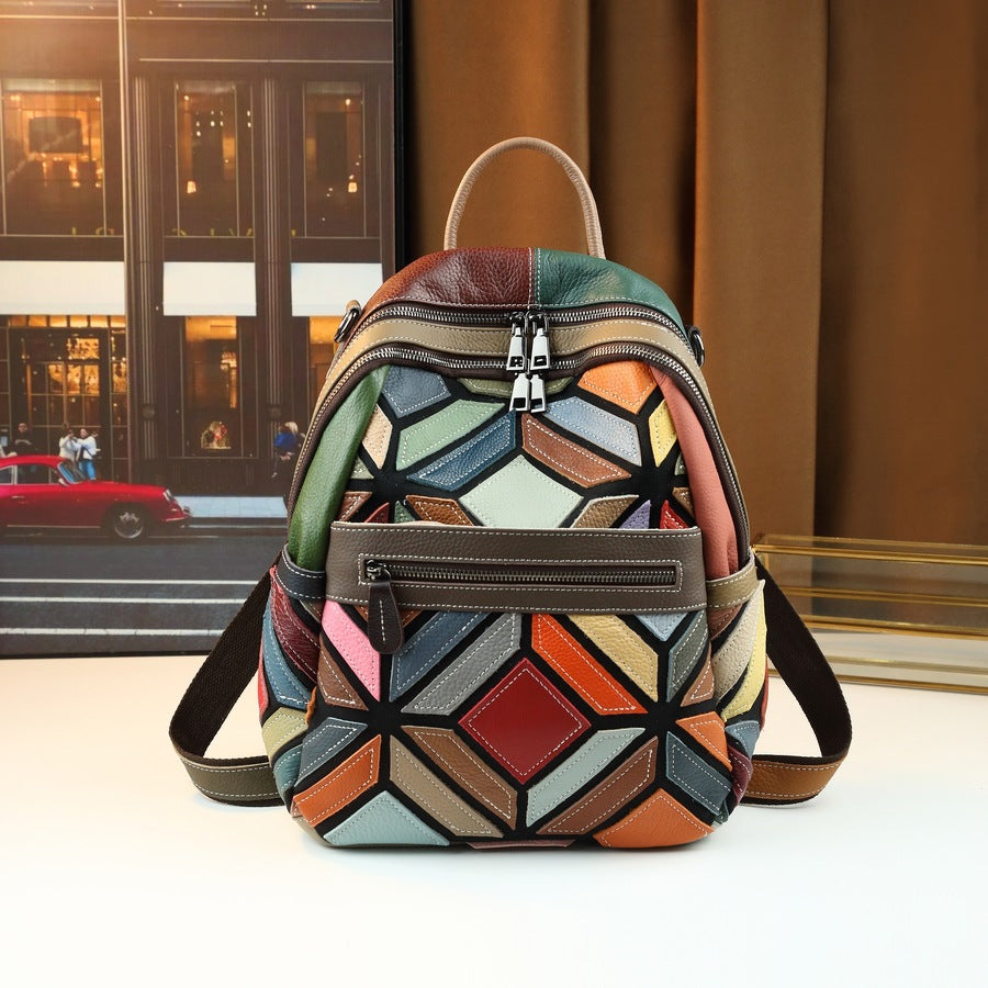 New Arrival Multi-Color Quilted Leather Backpack for Women, A Large Capacity Travel Daypack with Contrast Color Design & Versatile Carry Options