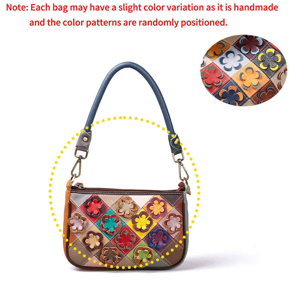 New Handmade Color Block Top Layer Cowhide Bag, Crossbody Top Handle Small Purse, Versatile Wristlet Handbag for Women