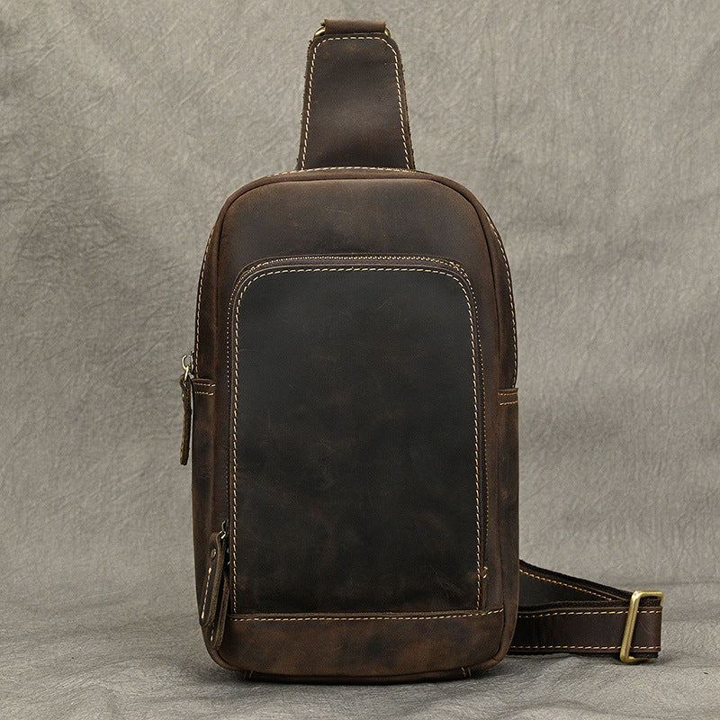 Crazy Horse Leather Minimalist Chest Bag, Casual Crossbody Shoulder Pouch, Outdoor Commute Bag for Men