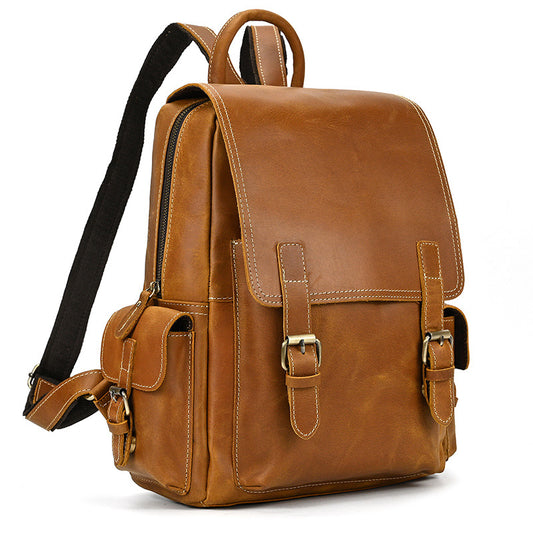 Vintage Crazy Horse Leather Backpack, Travel Commute School Daypack, Large Capacity Cowhide Luggage Bag for Business Trips and Travel for Men