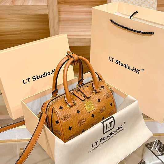 Genuine Leather Boston Pillow Bag for Women, New Fall Winter Mini Crossbody Top Handle Shoulder Purse, Compact Everyday Handbag for Ladies
