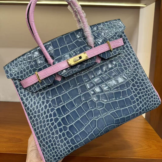 Genuine Top Layer Cowhide Crocodile-Embossed Birkin 30 Bag for Women, Hermès-Style Internal Stitching Color Block Top Handle Purse, Premium Leather Handbag for Ladies