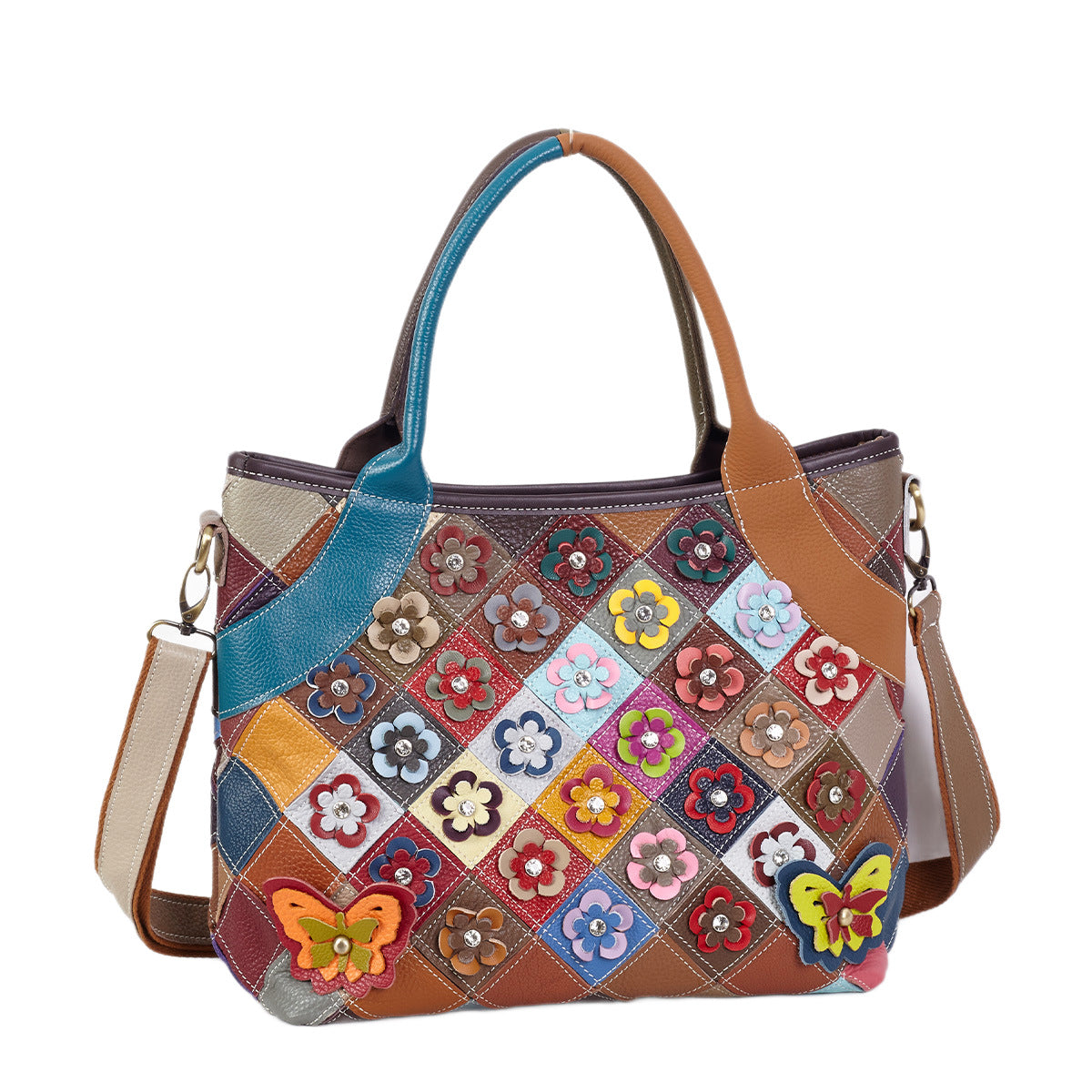 Premium Handcrafted Floral Patchwork Color-Block Tote for Women | Genuine Leather Top-Handle Cross-Body Shoulder Bag with Unique Artistic Design | Versatile 3-in-1 Carry Purse for Work, Errands, Travel & Everyday Chic | Trendy Statement Handbag with