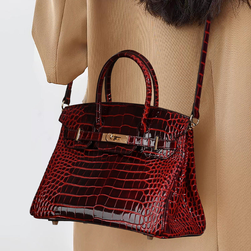 New Genuine Leather Handbag for Women Premium Crocodile Embossed Cowhide Birkin Style Large Capacity Tote