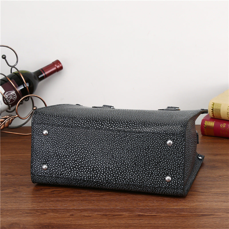 Genuine Leather Pearl Fish Grain Embossed Tote Bag for Women Large Capacity Structured Handbag, Trendy Mommy Shoulder Purse with Premium Texture