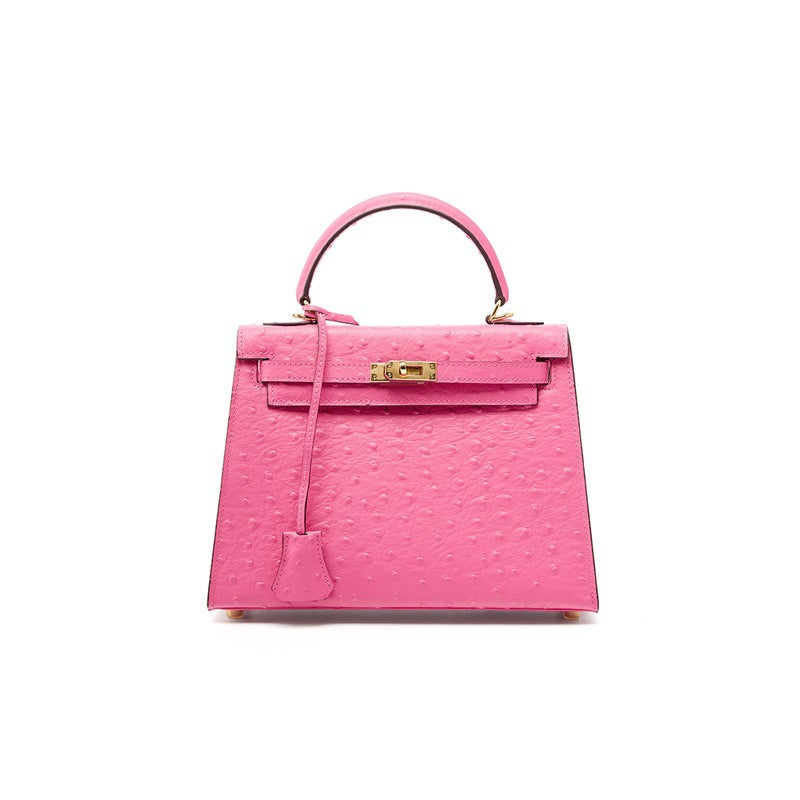Women's Genuine Leather Handbag Shoulder Bag Top Layer Cowhide Kelly Style Crossbody Purse with Ostrich Embossed Texture
