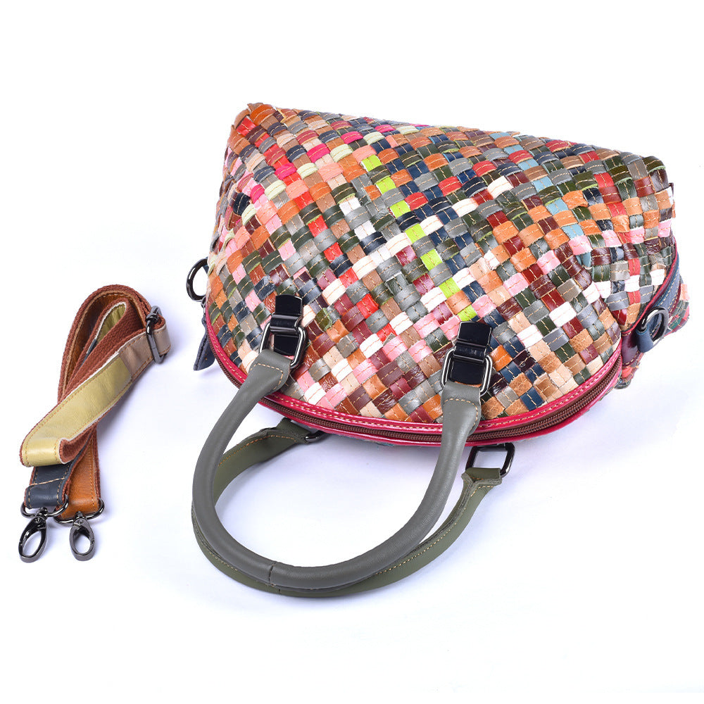 Genuine Leather Handwoven Colorful Cowhide Handbag for Women, New Arrival Top Handle Shoulder Crossbody Purse, Casual Travel Small Bag for Ladies