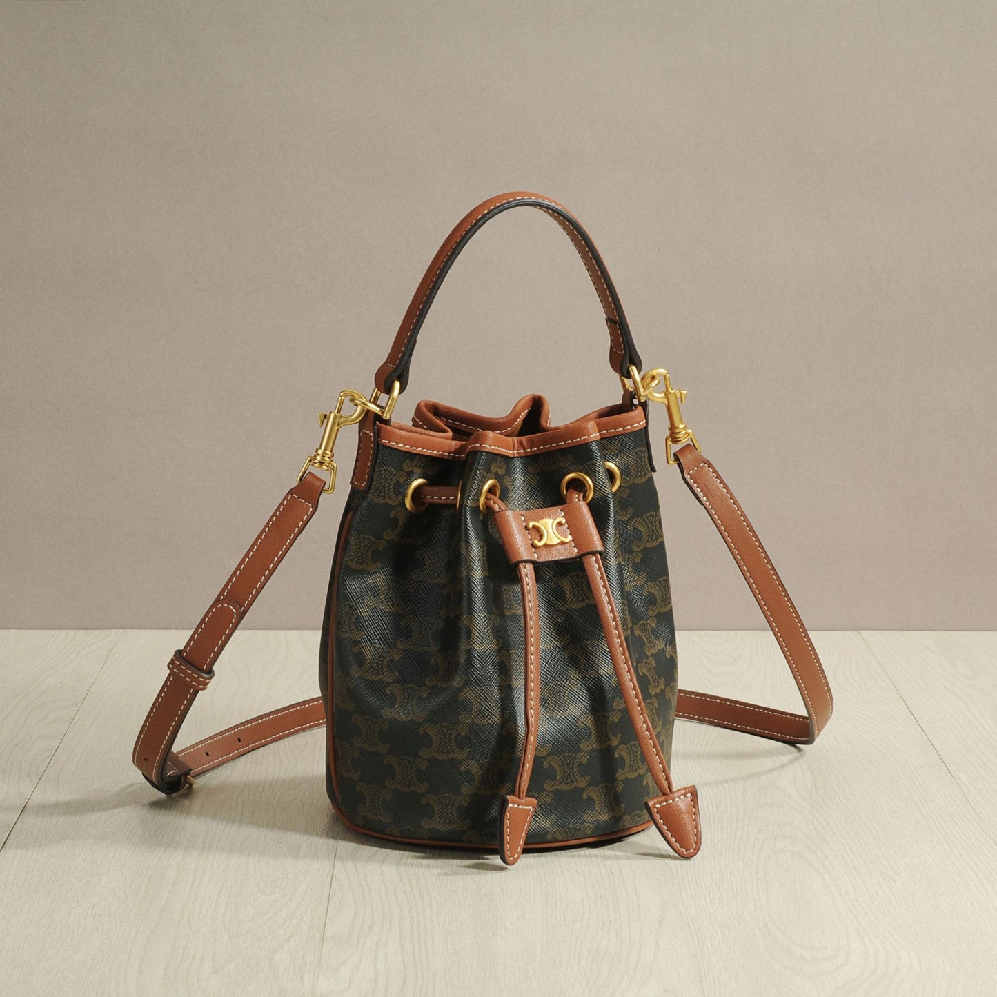 Summer New Classic Monogram Drawstring Small Genuine Leather Bucket Bag Handbag Crossbody Shoulder Purse