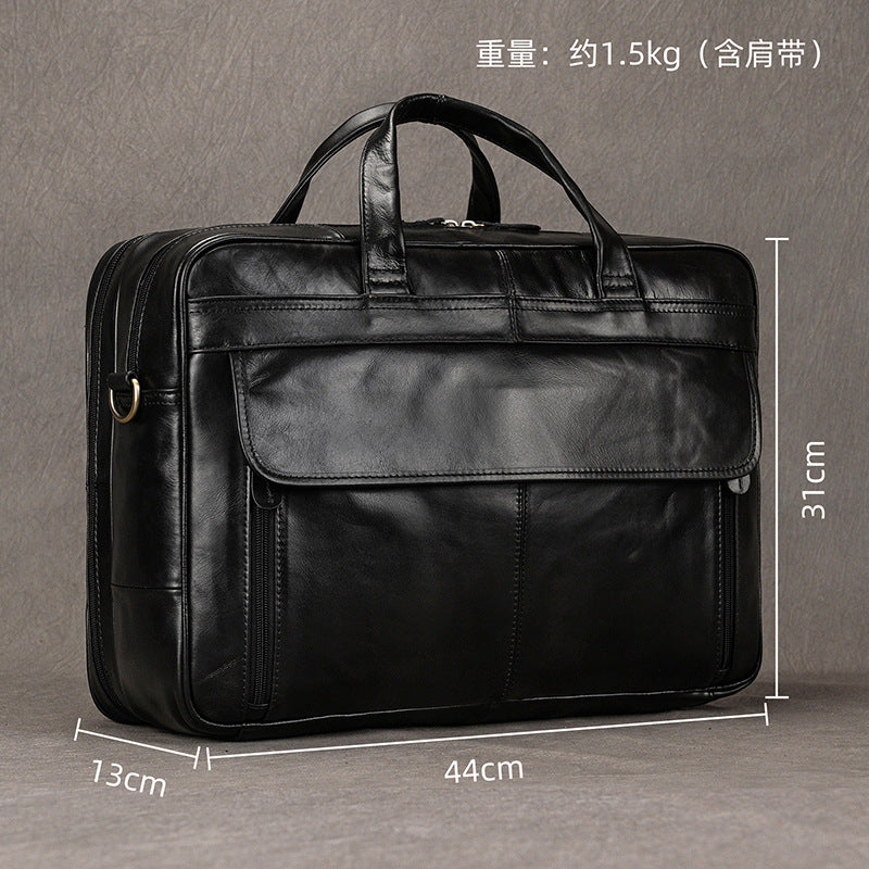 Genuine Black Cowhide Large Capacity Business Briefcase for Men, Top Handle Shoulder Crossbody Commute Laptop Bag, Premium Leather Work Bag for Gentlemen