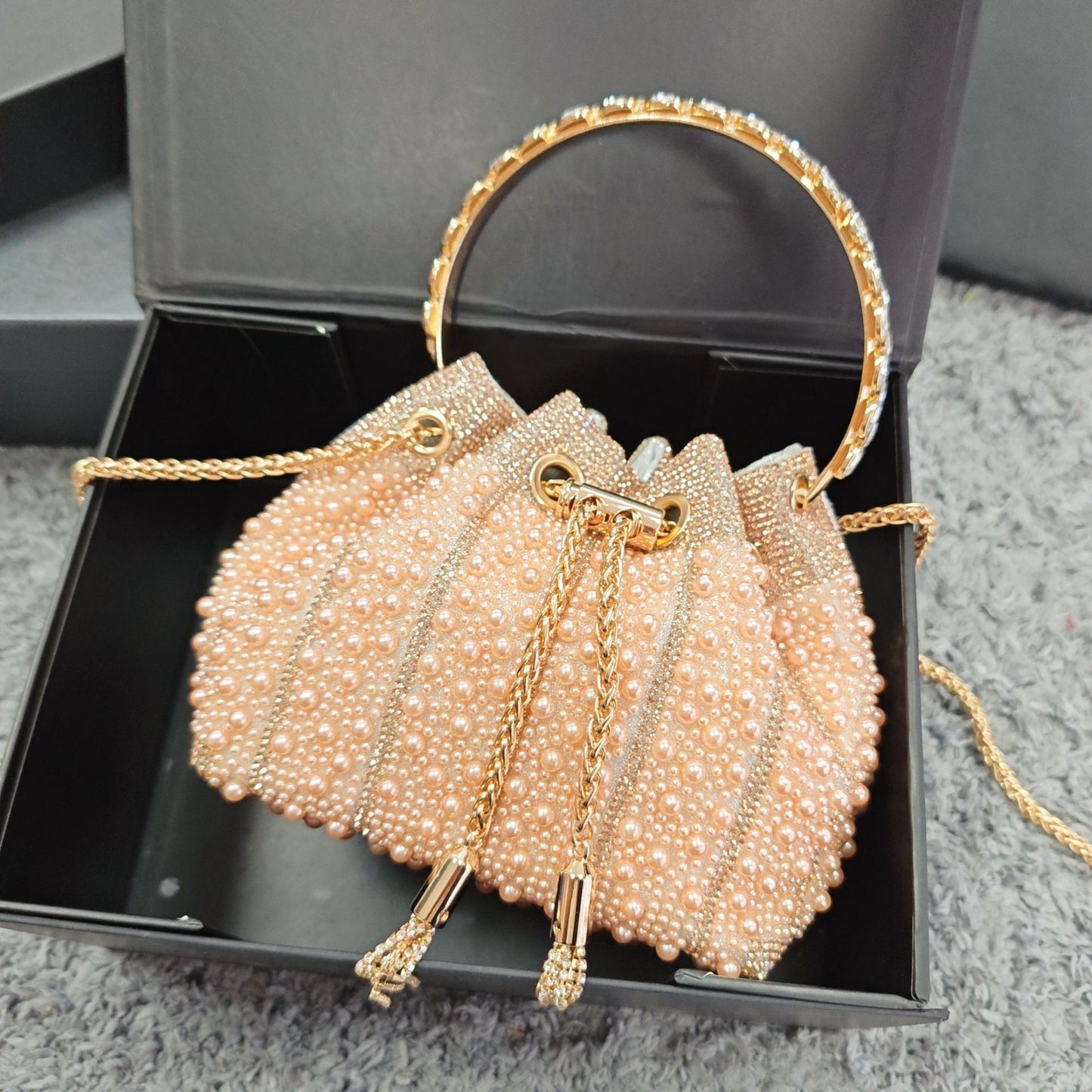 New Chinese Style Pearl Evening Bag, Rhinestone-Studded Drawstring Shoulder Crossbody Purse, Niche Light Luxury Handbag with Elegant Design