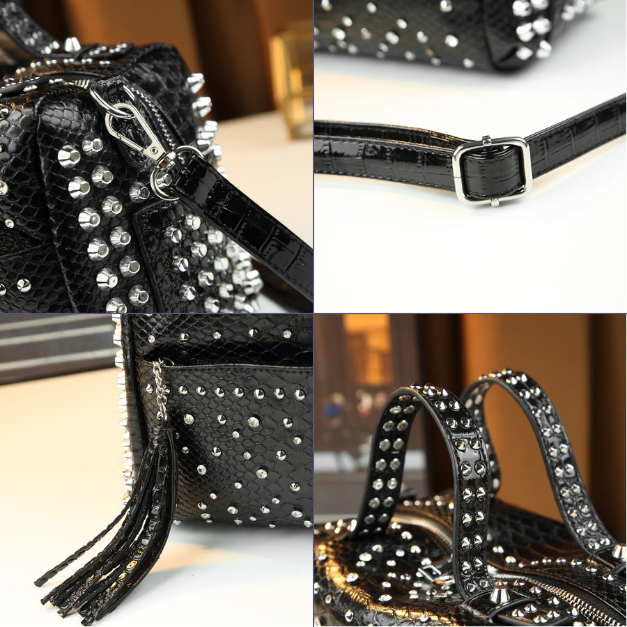 Leopard Print Studded Pillow Bag for Women Large Capacity Shoulder Crossbody Handbag, Wild Style Purse with Edgy Hardware Accents