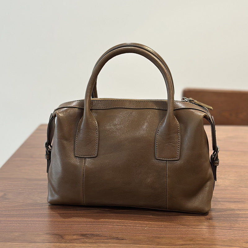 Genuine Top Layer Vegetable-Tanned Cowhide Boston Bag for Women, Minimalist Vintage Shoulder Crossbody Top Handle Purse, Fashionable Commute Handbag for Ladies
