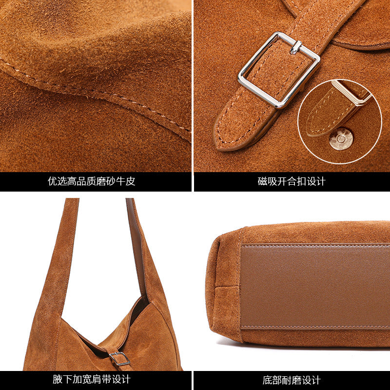 Genuine Suede Leather Underarm Tote Bag for Women Vintage Shoulder Handbag, Premium Textured Purse with Timeless Elegance