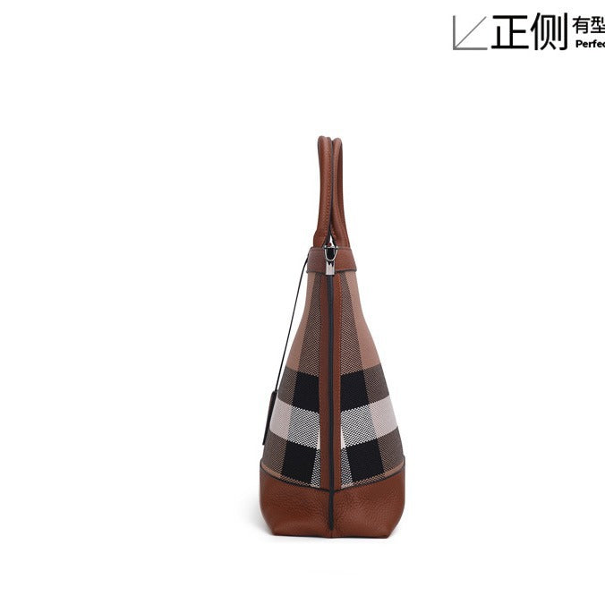 New Large Capacity Genuine Cowhide Plaid Tote Bag, Versatile Fashionable Shoulder Handbag, Premium Leather Bag for Women